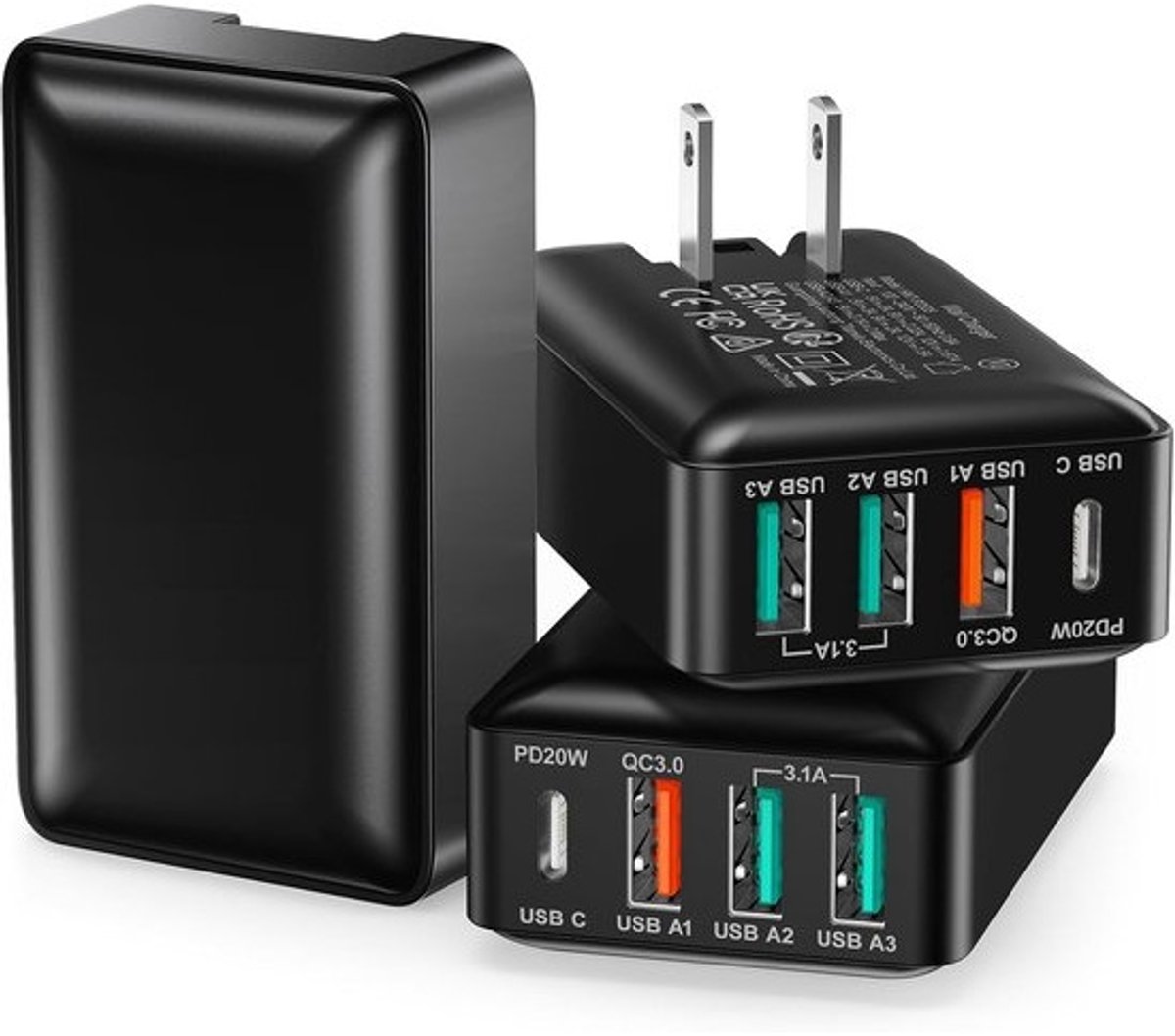 Oplaadblok Set - Reis Adapter - Snel Apparaten Laden - 4 Poorten Totaal - Compact Ontwerp - Zwart
