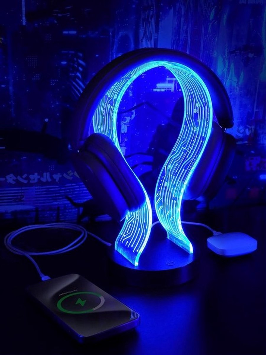 Hoofdtelefoon Stand - Ophangrek Accessoires - Bureau Organisatie - Ingebouwde Verlichting - 26 cm Hoog - Zwart