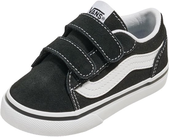 Zwarte Vans sneaker met witte streep en dubbele klittenbandsluiting.