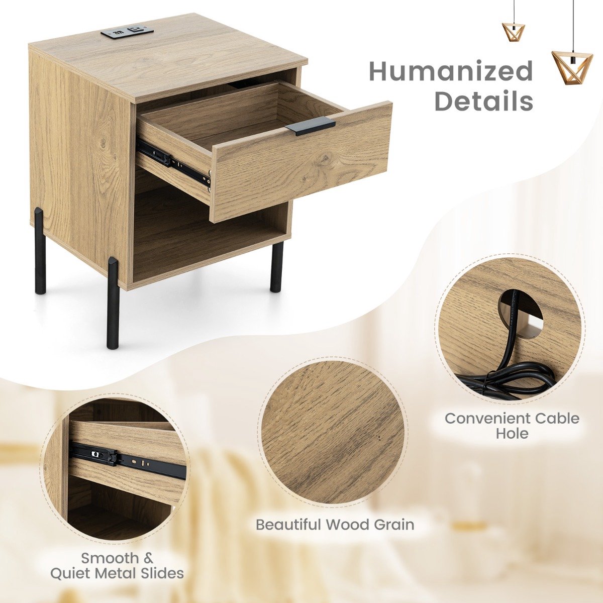 SureDeal® - Nachtkastje - Laadstation Bijzettafel - Lade - Open Vak Opbergtafel - Houtnerf - Robuuste Metalen Poten - 45x40x58 cm - Naturel