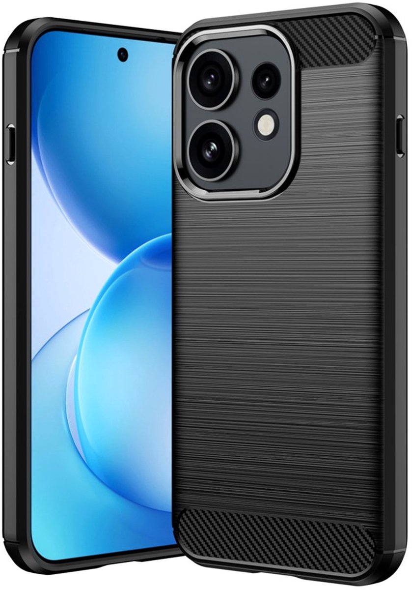 MobyDefend Hoesje - Geschikt voor Oppo Reno16 - TPU Backcover - Geborstelde Metaal & Carbon-Look - Zwart