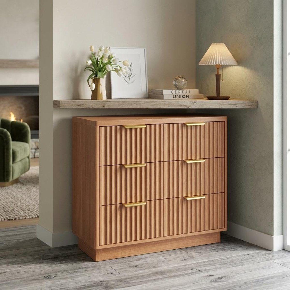 Modern Dressoir met 6 Laden - Ladekast Houtlook - Scandinavisch Design met Gouden Handgrepen - Buffetkast voor Eetkamer, Woonkamer of Hal - Naturel Hout