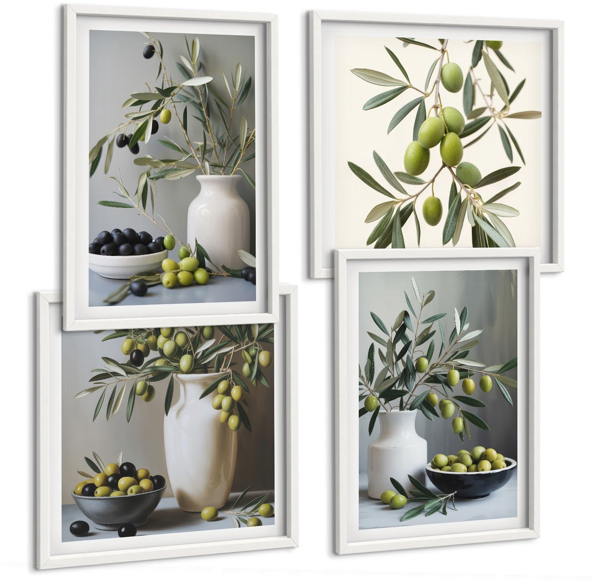 Wallfluent 4-Delige Schilderij Set - Olijven In Vazen ​​Met Takken Op Een Grijze Achtergrond - 40 x 40 En 40 x 60 - Decoratieve Schilderijen - Woonkamer - Interieur - Moderne Wanddecoratie