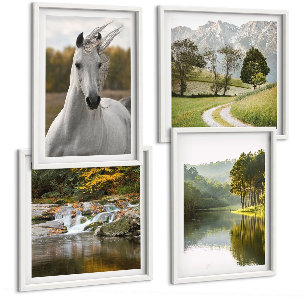 Wallfluent 4-Delige Schilderij Set - Witte Paarden Aan De Rivier - Natuurlandschap - 40 x 40 En 40 x 60 - Schilderijen Set - Wanddecoratie - Woonkamer - Moderne Wanddecoratie
