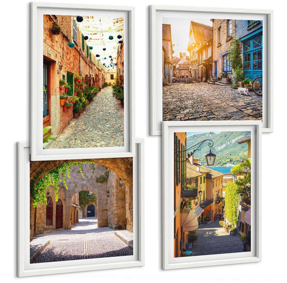Wallfluent 4-Delige Schilderij Set - Sfeervolle Straatjes Met Stenen Gebouwen En Poorten. - 40 x 40 En 40 x 60 - Decoratieve Muurdecoratie - Slaapkamer - Moderne Wanddecoratie