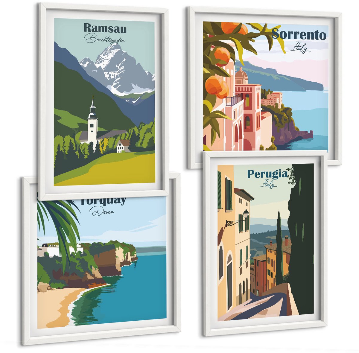 Wallfluent 4-Delige Schilderij Set - Berglandschappen En Straten Van Europese Steden - 40 x 40 En 40 x 60 - Wanddecoratie - Muurdecoratie - Moderne Interieurdecoratie - Interieur Decoratie