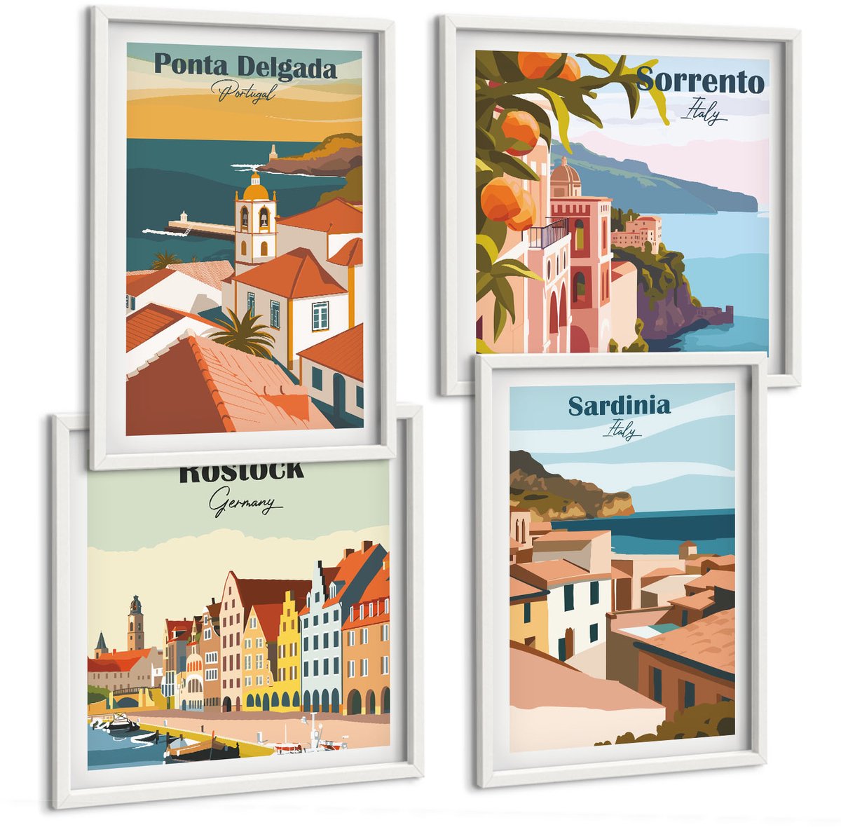 Wallfluent 4-Delige Schilderij Set - Uitzichten Op Europese Kust- En Havensteden - 40 x 40 En 40 x 60 - Stijlvolle Muurdecoratie - Kantoor - Woonkamer Decoratie