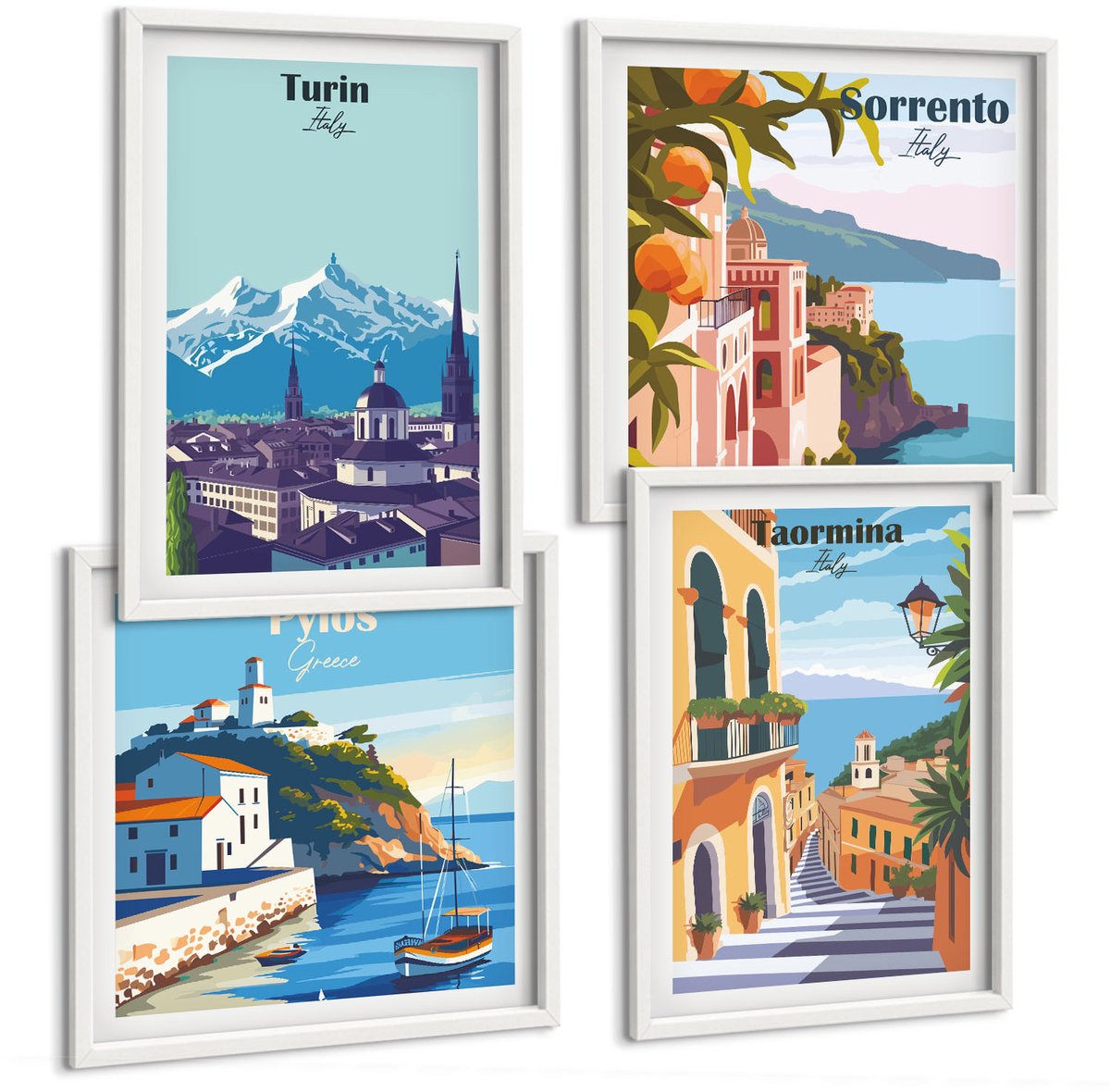 Wallfluent 4-Delige Schilderij Set - Kleurrijke, Illustratieve Stadsgezichten In Retrostijl - 40 x 40 En 40 x 60 - Muurdecoratie - Interieur Decoratie - Moderne Wanddecoratie