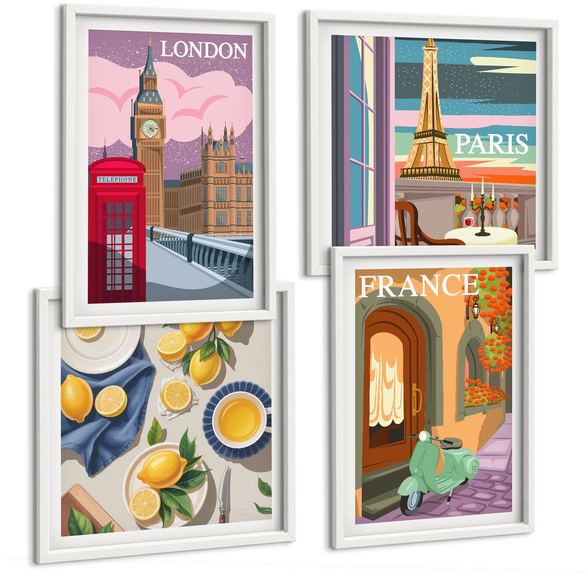 Wallfluent 4-Delige Schilderij Set - Stadsgezichten Parijs Londen En Frankrijk Citroenen - 40 x 40 En 40 x 60 - Muurdecoratie - Wanddecoratie - Hal - Stijlvolle Muurdecoratie