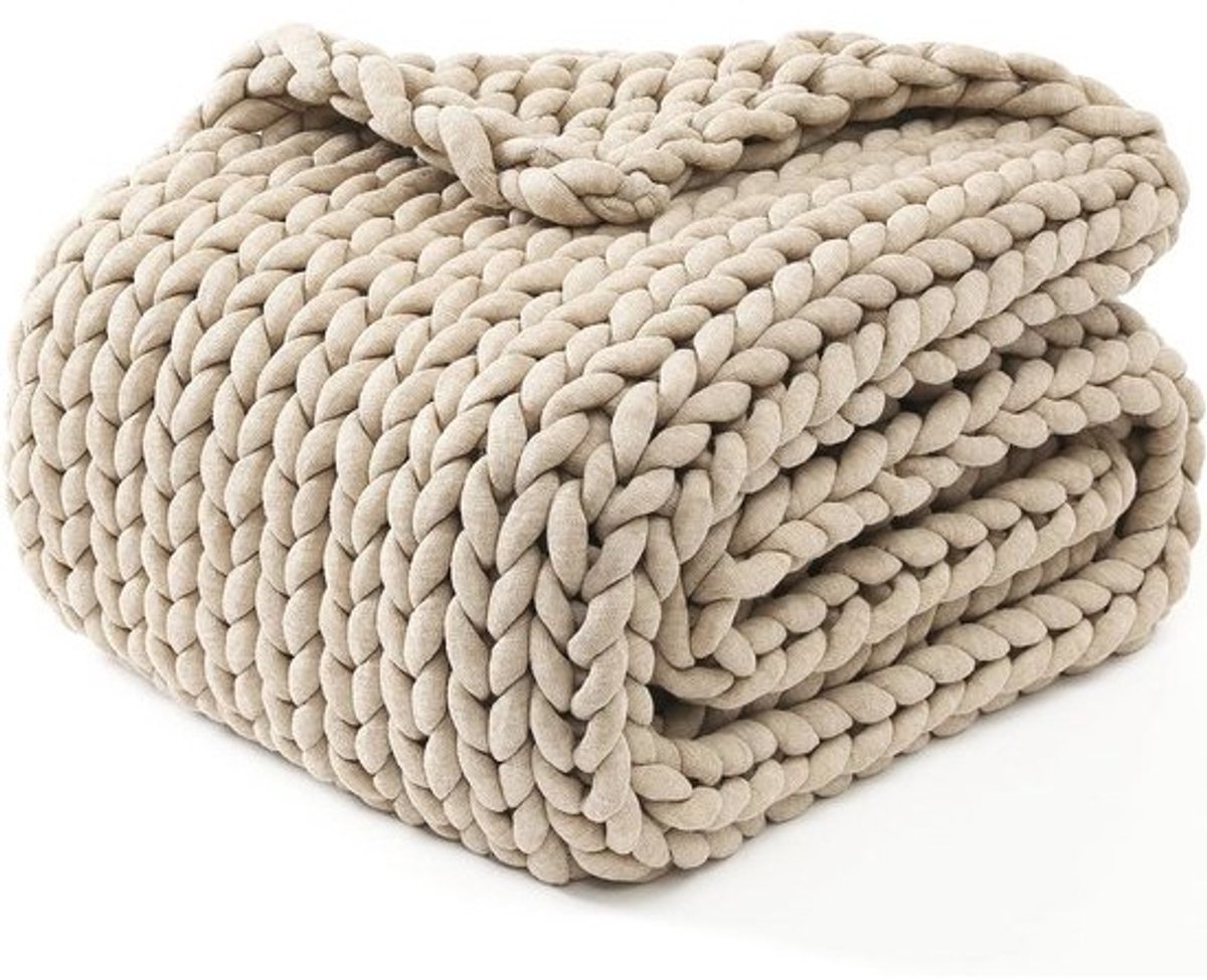 Handgebreide deken | Zachte en ademende middelzware plaid voor bank, bed en meer | Stijlvolle woondecoratie (beige, 130 x 180 cm)