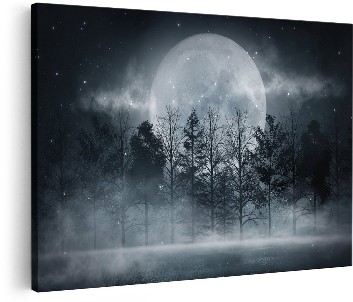 Artaza Canvas Schilderij Maan tussen de Bomen in de Nacht - 150x100 cm - Groot - Wanddecoratie Woonkamer - Schilderijen - Muurdecoratie