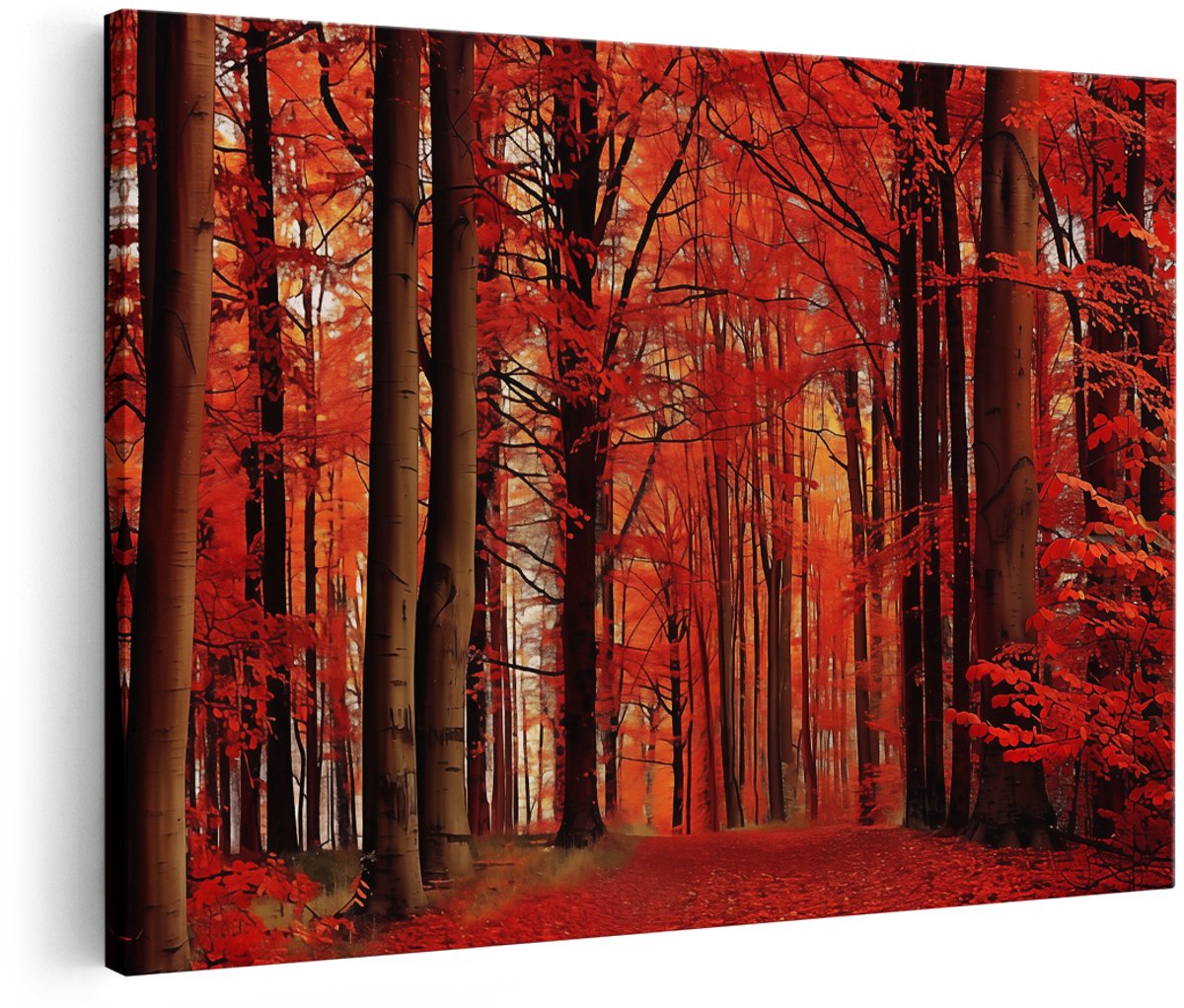 Artaza Canvas Schilderij Rood Pad in een Bos - 150x100 cm - Groot - Wanddecoratie Woonkamer - Schilderijen - Muurdecoratie