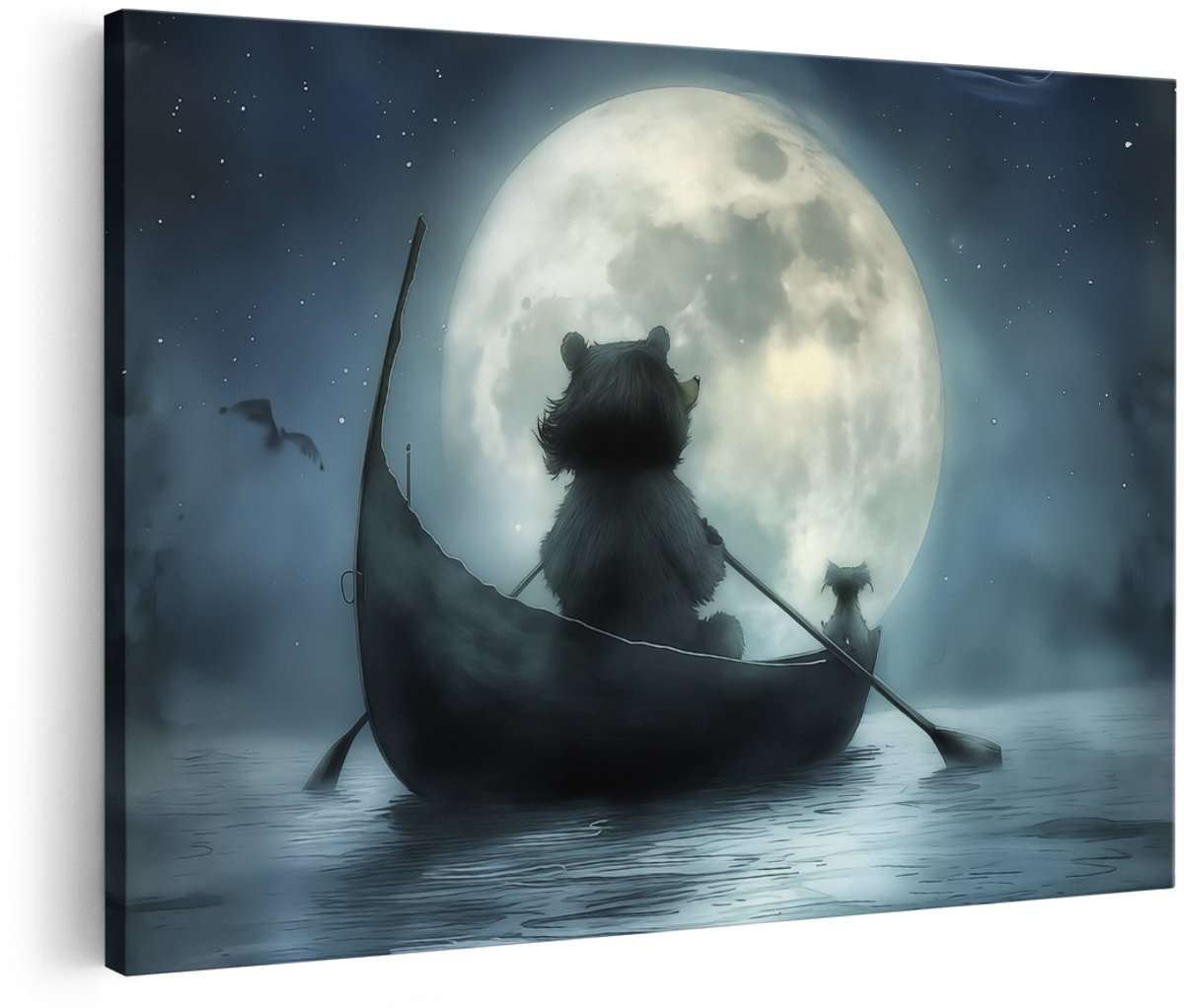 Artaza Canvas Schilderij Teddybeer in een Boot - Dieren - 150x100 cm - Groot - Wanddecoratie Woonkamer - Schilderijen - Muurdecoratie