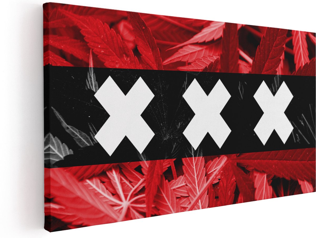 Artaza Canvas Schilderij Amsterdamse Vlag Met Cannabis Achtergrond - 140x70 cm - Groot - Wanddecoratie Woonkamer - Schilderijen - Muurdecoratie