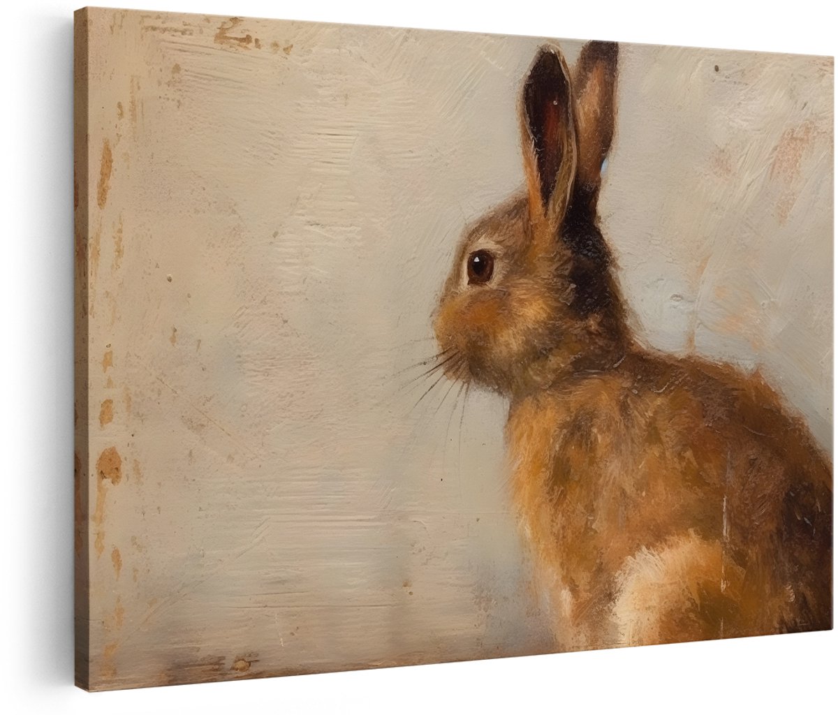 Artaza Canvas Schilderij Haas - 150x100 cm - Groot - Wanddecoratie Dieren - Muurdecoratie Landelijk - Vintage Olieverf - Decoratie Woonkamer