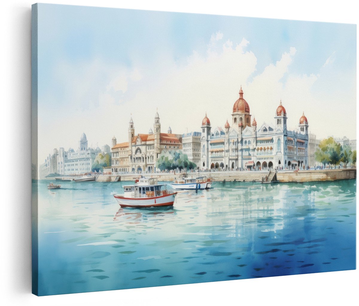 Artaza Canvas Schilderij Stad Mumbai - 150x100 cm - Groot - Wanddecoratie Taj Mahal Palace - Muurdecoratie Waterverf Skyline - Decoratie Hal