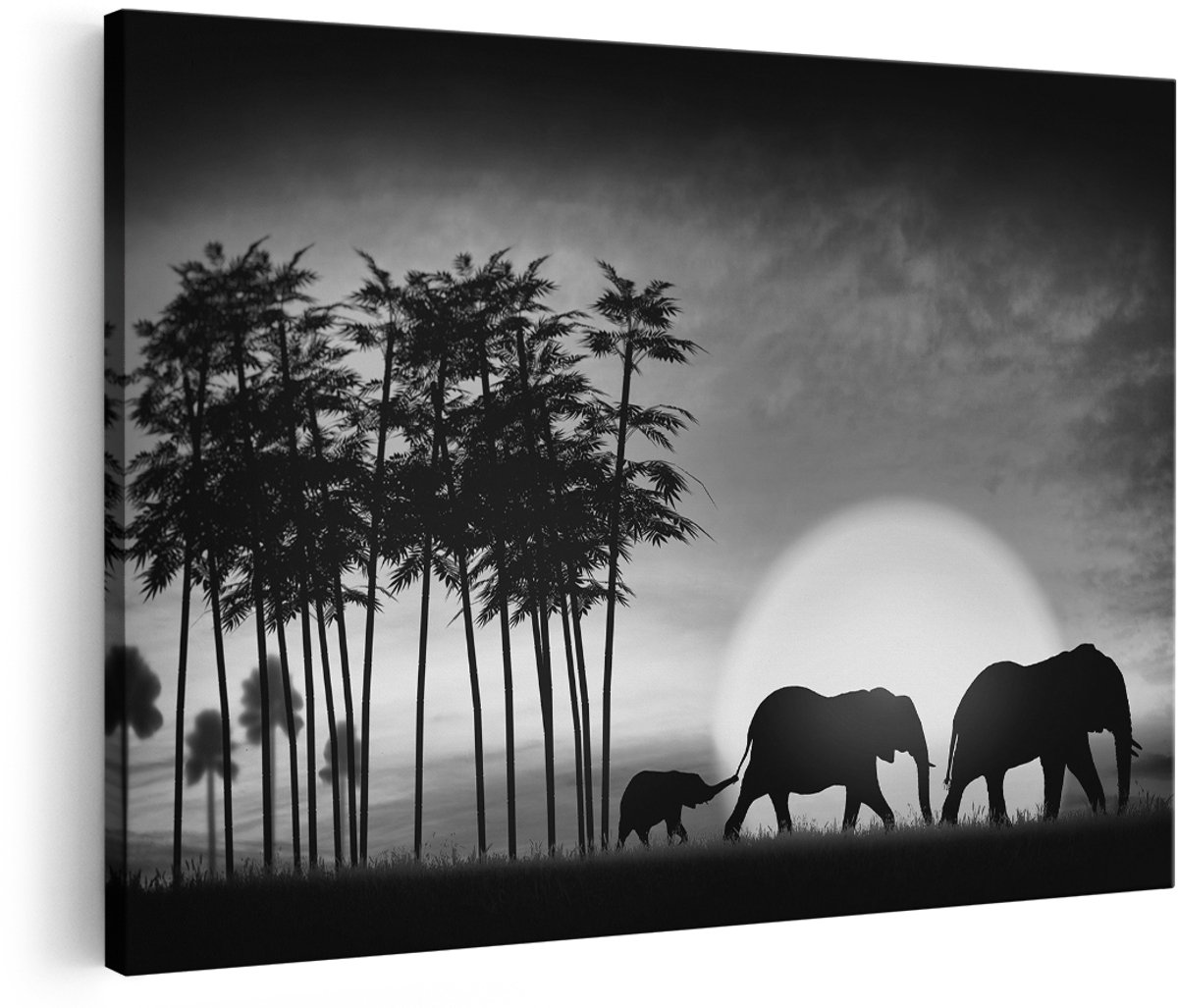 Artaza Canvas Schilderij Olifanten Familie bij Zonsondergang - Zwart Wit - 150x100 cm - Groot - Foto Op Canvas - Wanddecoratie