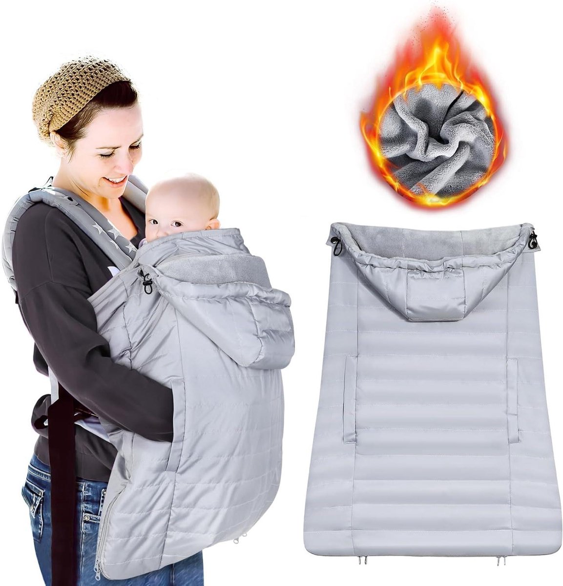 Baby drager hoes - Draagzak cover - Warm en droog - Afneembare capuchon - 27.7 x 21.6 cm - Lichtgrijs