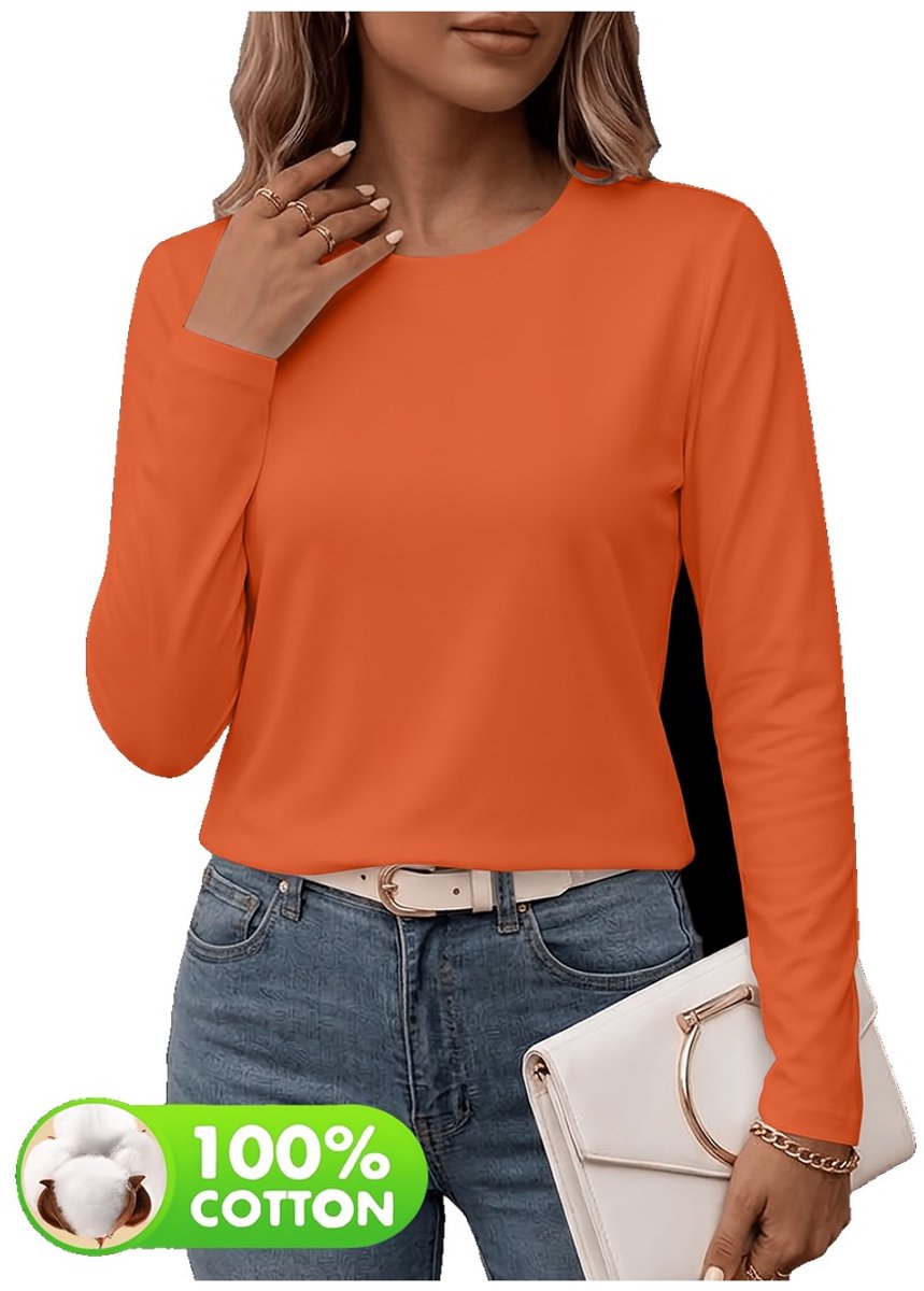 Currero Longsleeve Dames Oversized Lange Mouwen Shirt Roundneck Vrouwen Kleding T-Shirt Oranje