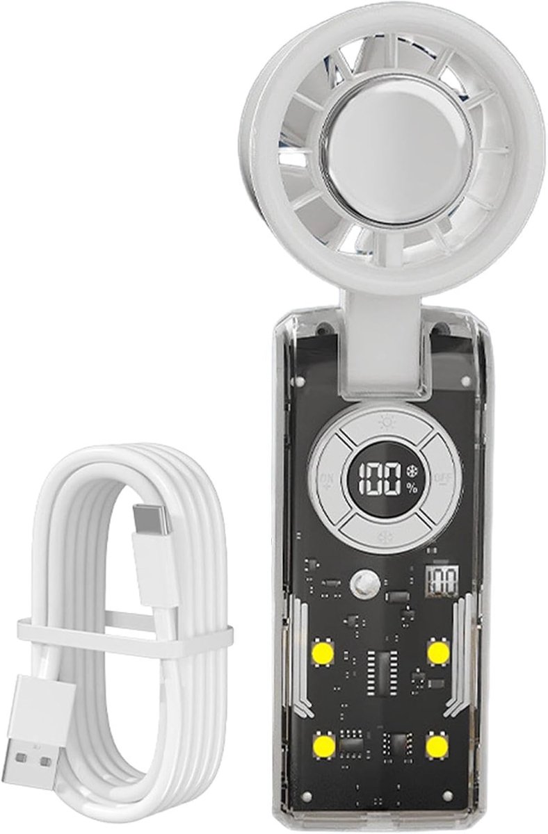 LED digitaal display - 3-in-1 opvouwbare ventilator - Ideaal voor op reis - Kamperen - Buiten - Kantoor - Handventilator met ijskoeling - Draagbare turboventilator met ijskoeler - 100 windsnelheden - Oplaadbaar, inklapbaar en ophangbaar - Wit