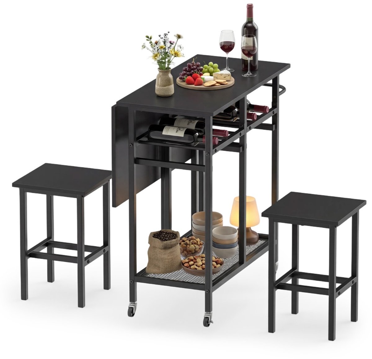 SureDeal® - Eettafel - Delige Uitschuifbare Eettafelset - Stoelen - Wijnrek - 74x74x80 cm - Donkerbruin
