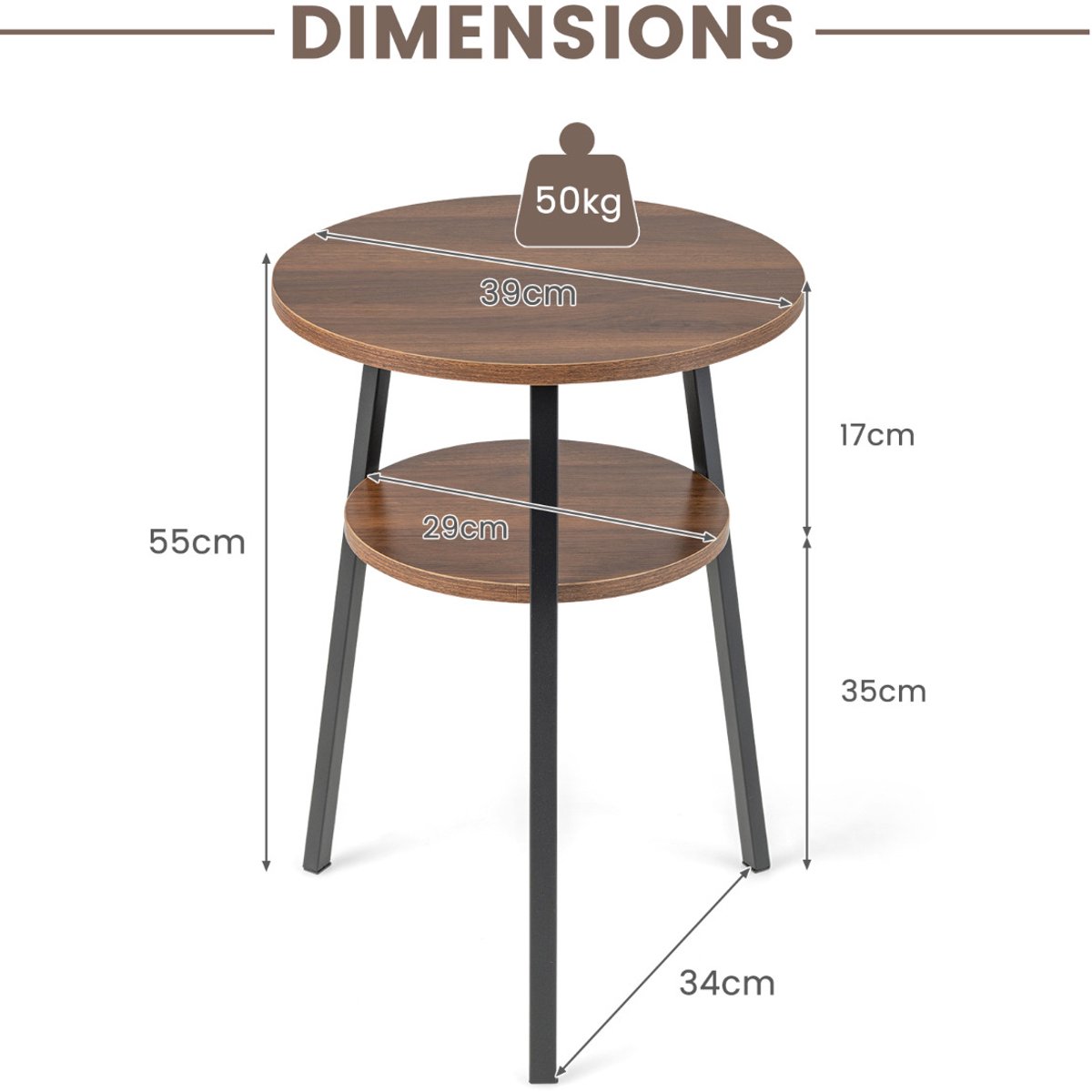 SureDeal® - Salontafel - Bijzettafel - Niveaus Rond Nachtkastje - Metalen - 39x39x57 cm - Walnoot