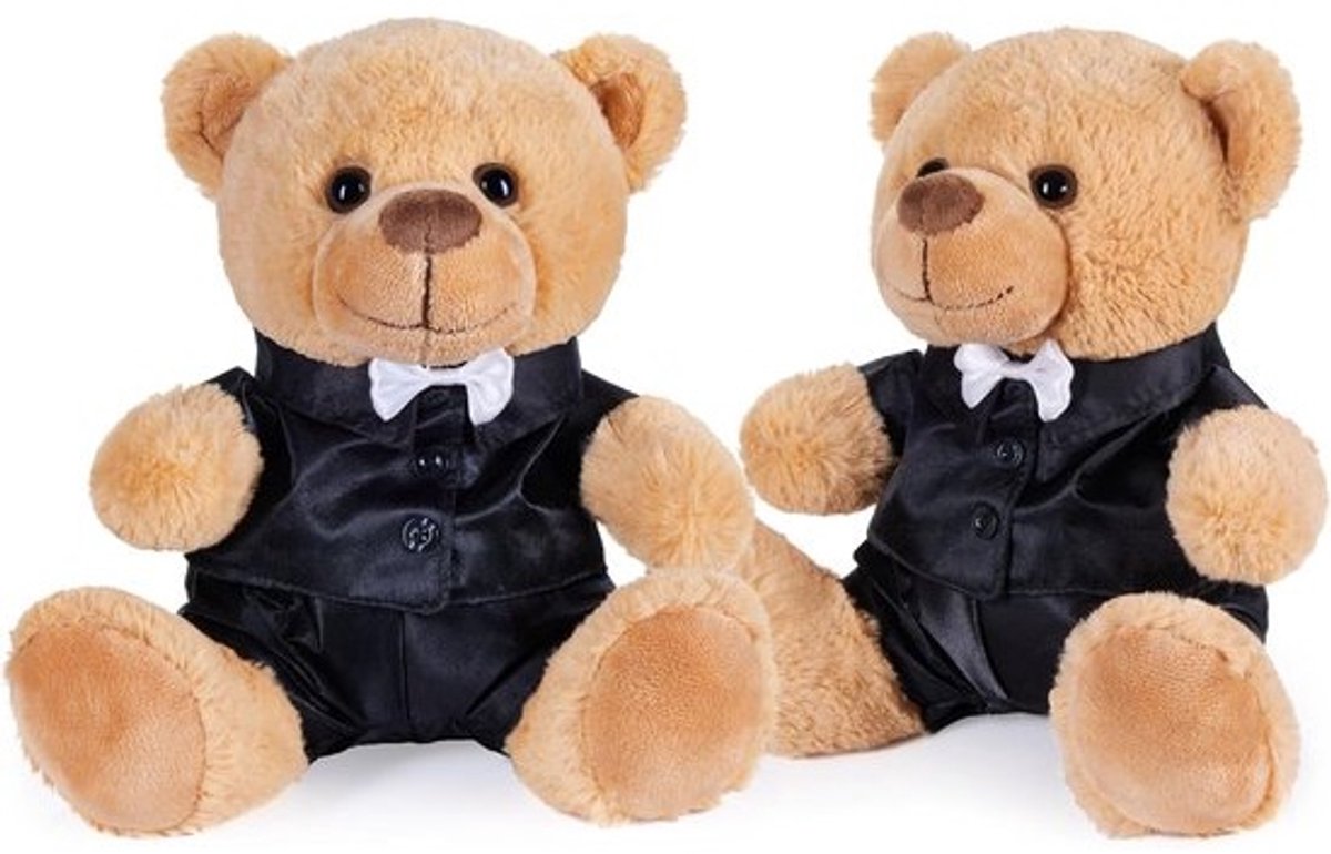 Bruidspaar Knuffels - Teddyberen Set - Cadeau Huwelijk - Elegante Pakken - 25 cm Hoog - Bruin en Zwart