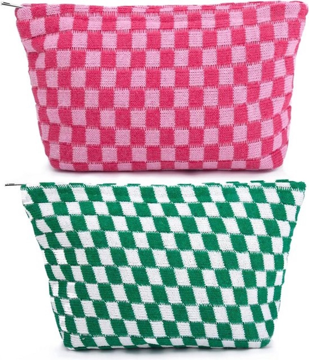 Grote Make-up Tas – Geruite Cosmetica Organizer met Hoge Capaciteit voor Vrouwen