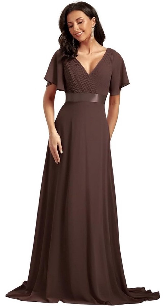 Klassieke Chiffon Bruidsmeisjesjurk met V-hals en Korte Mouwen