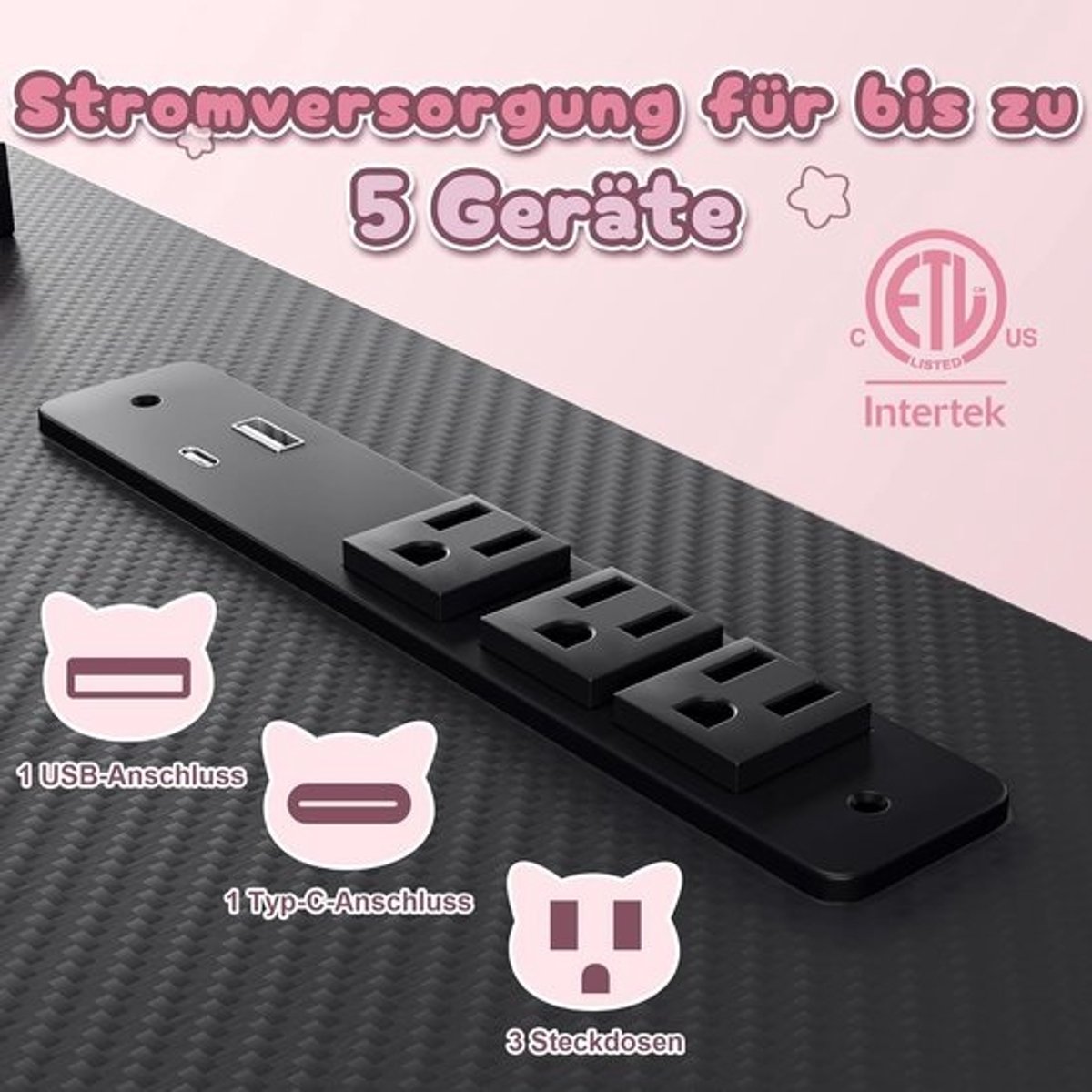 Schattig gamingbureau met koolstofvezeloppervlak en hoofdtelefoonhaak - 100 x 50 cm, zwart/roze
