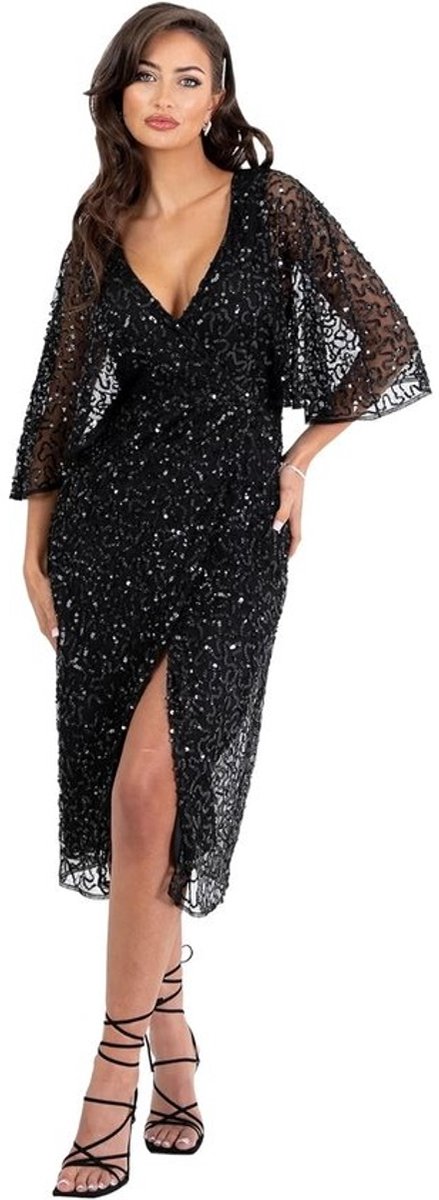 Zwarte Midi-jurk voor dames met pailletten en cape mouwen - Perfect voor bruiloften, cocktails en avonden