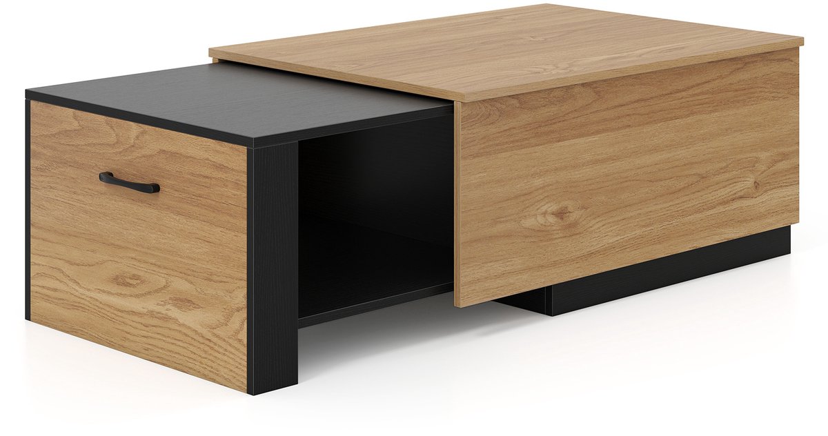 SureDeal® - Salontafel - Uitschuifbare Lade - Verborgen Geheim Vakje - 115x60x37 cm - Naturel + Zwart
