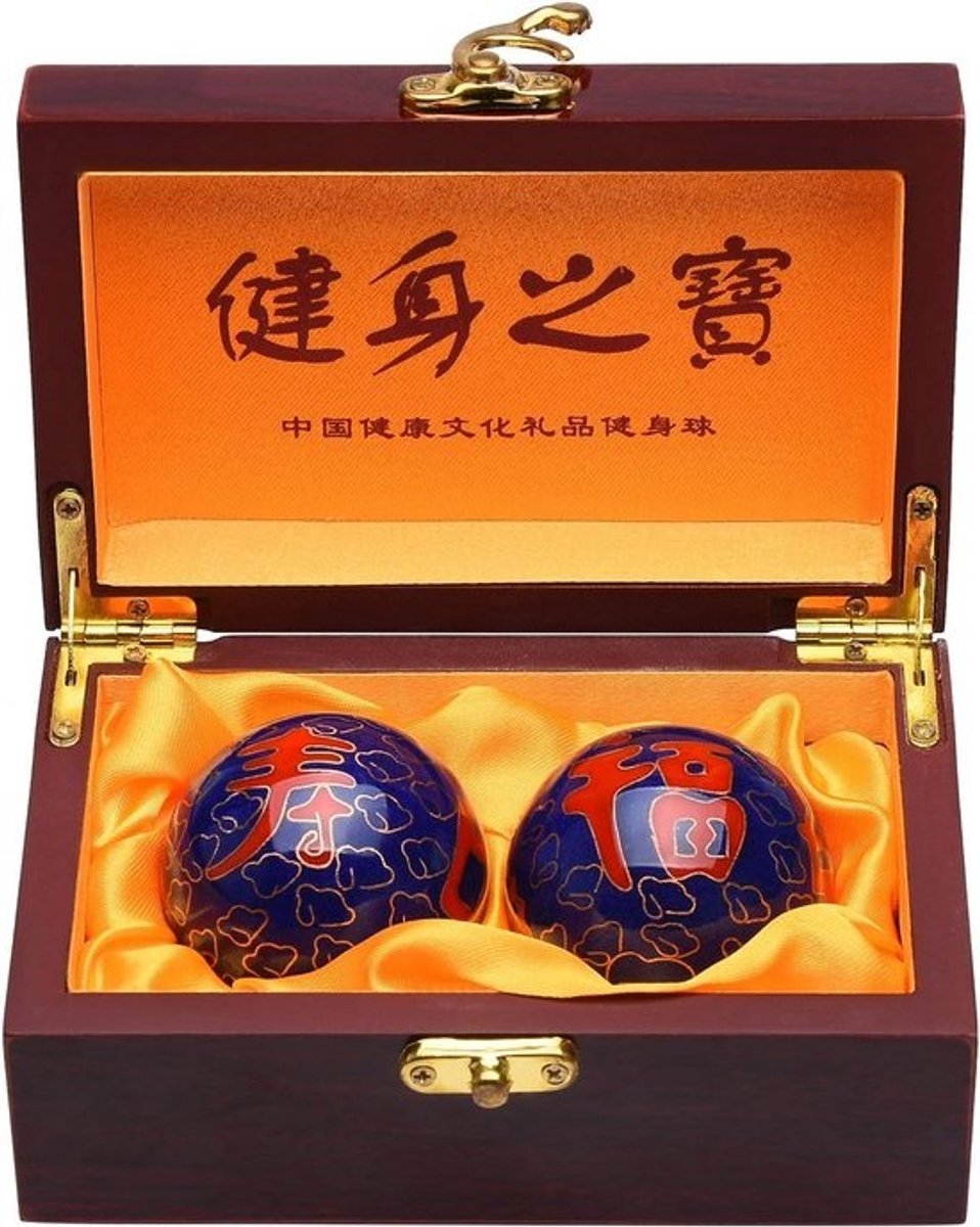 Chinese Baoding Oefenballen – 5cm Massage Ballen voor Handtherapie, Stressvermindering en Flexibiliteit – Blauw met Kistje