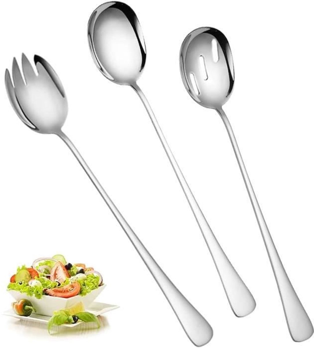 Saladebestekset - Roestvrij staal - 3-delige set - Lepel en vork - Zilver - 28*5,5 cm