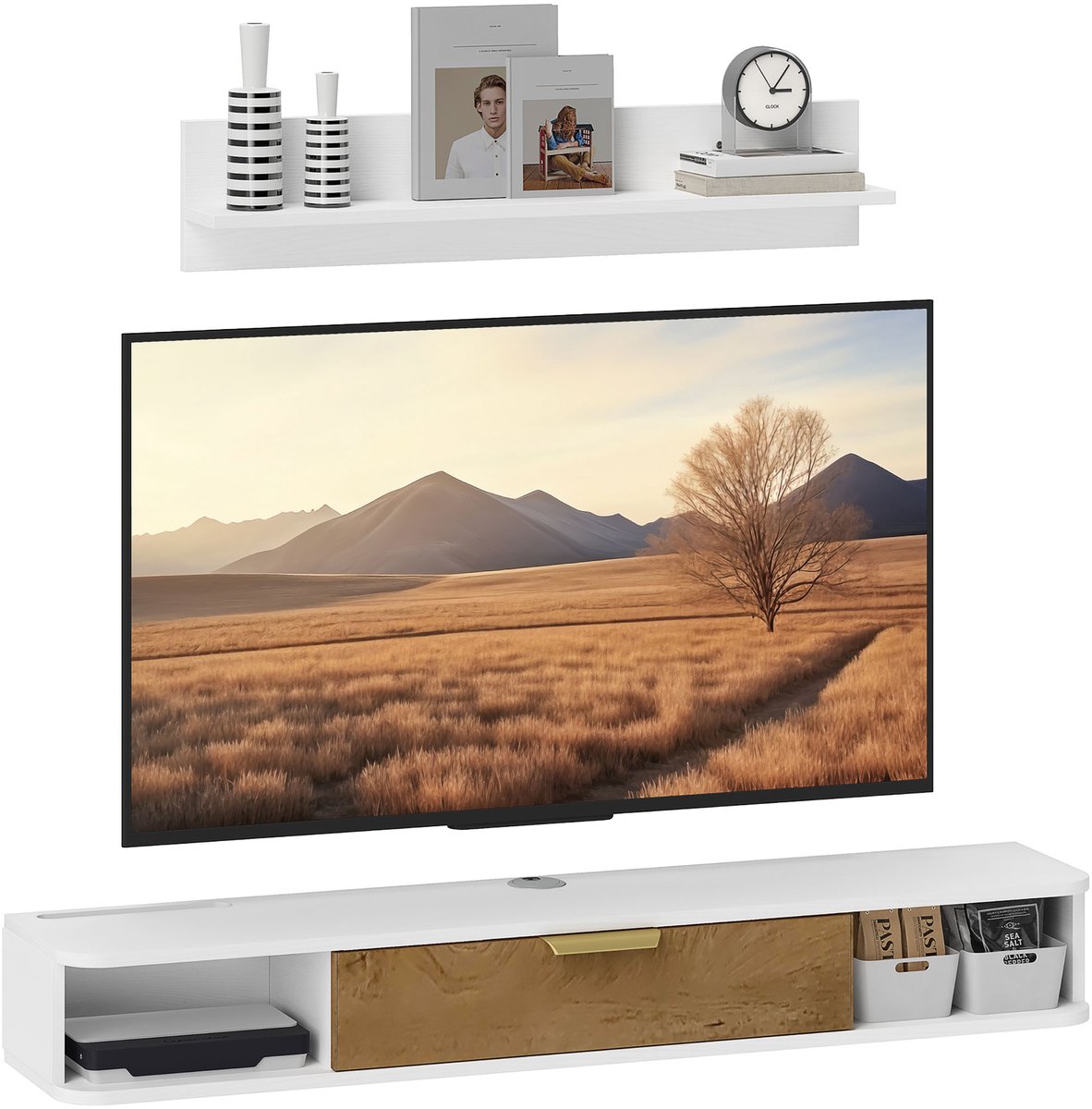 ECTEATOY® Zwevend TV-Meubel met Wandplank - Hangend TV Kast met Kabelgat - MDF - 120 x 24 x 16 cm - Wit