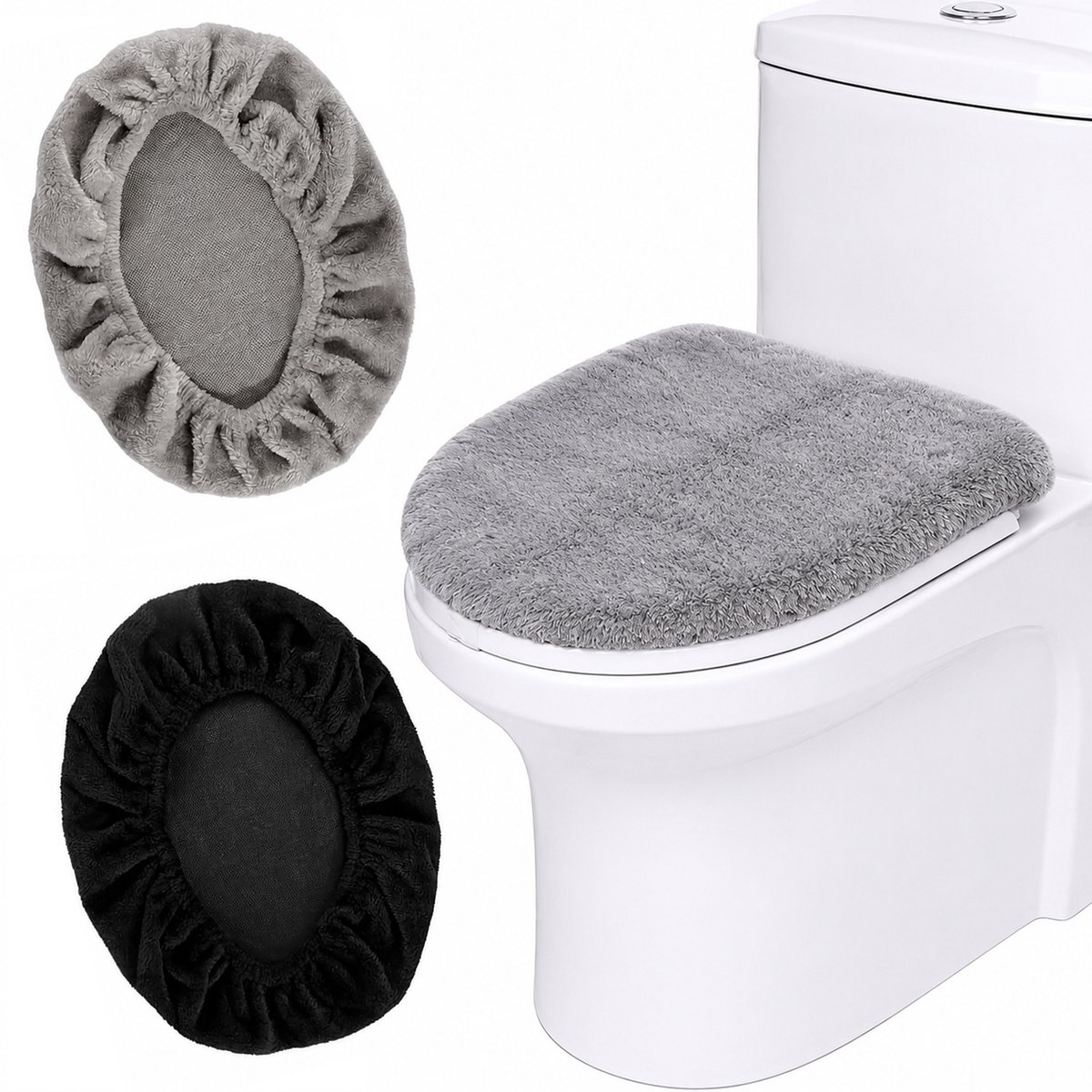Kaiyaya - 2 Stuks Toiletbrilhoes - Zachte Pluche Toiletdekselhoes - Badkamer Accessoire - Wasbaar Herbruikbaar - Zwart & Lichtgrijs
