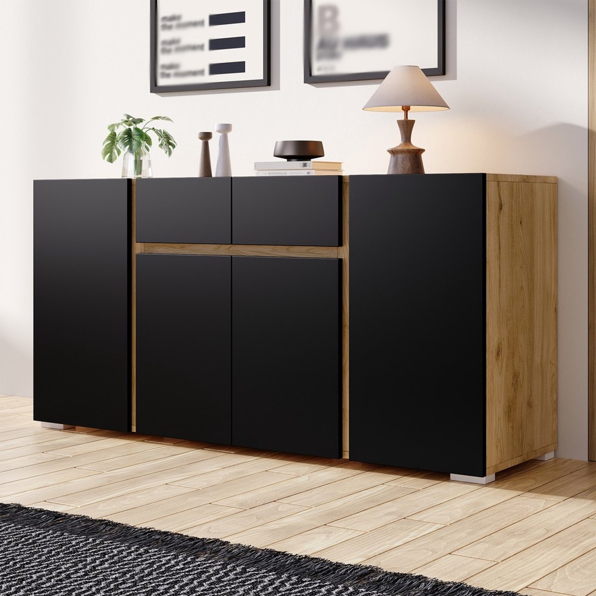 KOMHTOM Dressoir 140 × 35 × 70 cm van MDF, dressoir met 4 deuren en 2 lades, bijzetkast, moderne kast met verstelbare legplanken voor de woonkamer, zwart + natuurlijke houtkleur