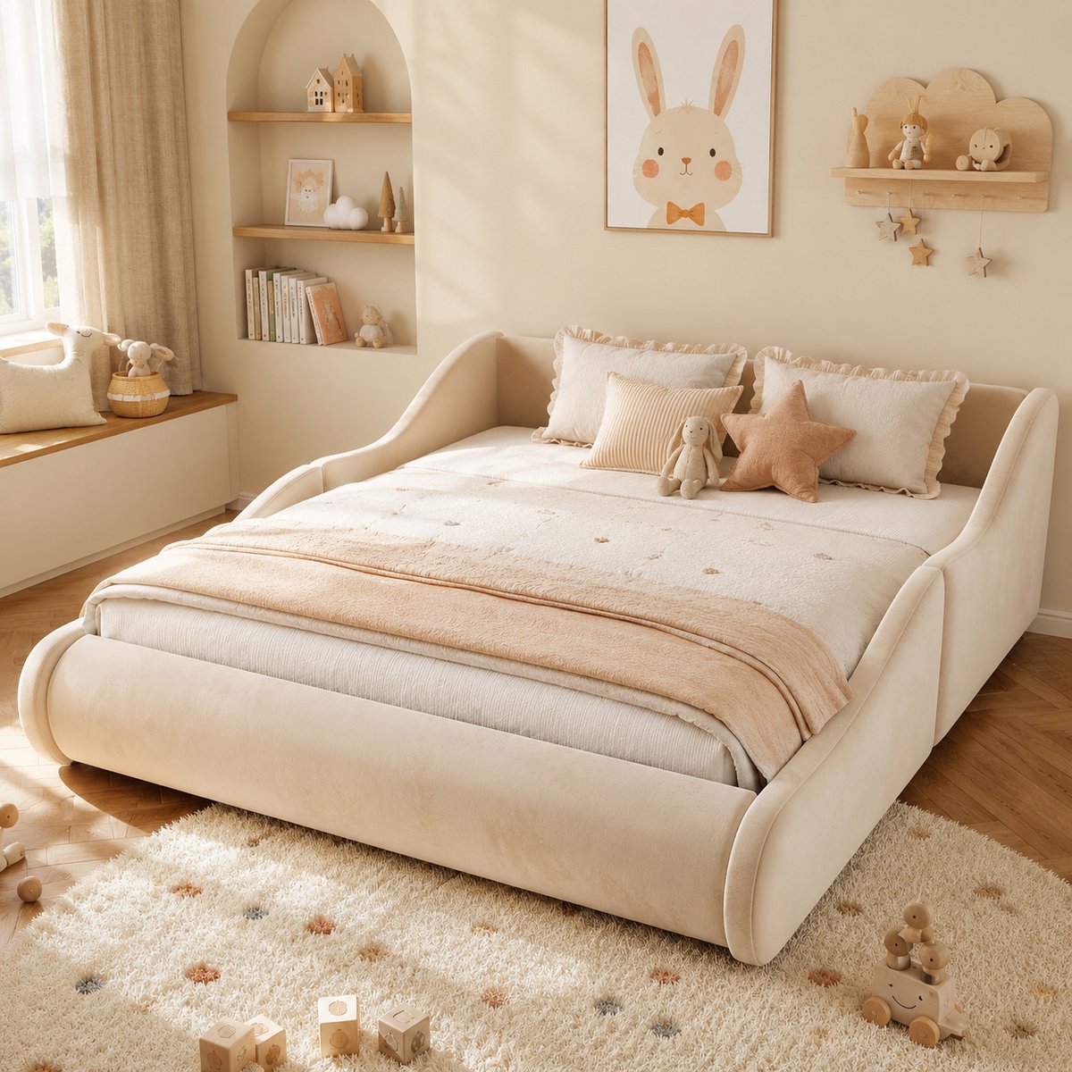 Kinderbed 140x200 cm - Tweepersoonsbed - Gestoffeerd bed - Vloerbed - Met hoofdbord - Met zijhekken - Fluwelen stof - Beige