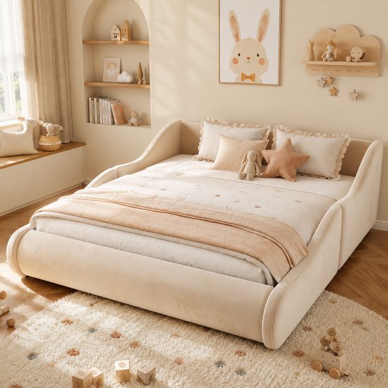 Beige kinderbed in kinderkamer met gestreept beddengoed, een ster kussen en een konijnenknuffel. Zachte, warme sfeer.