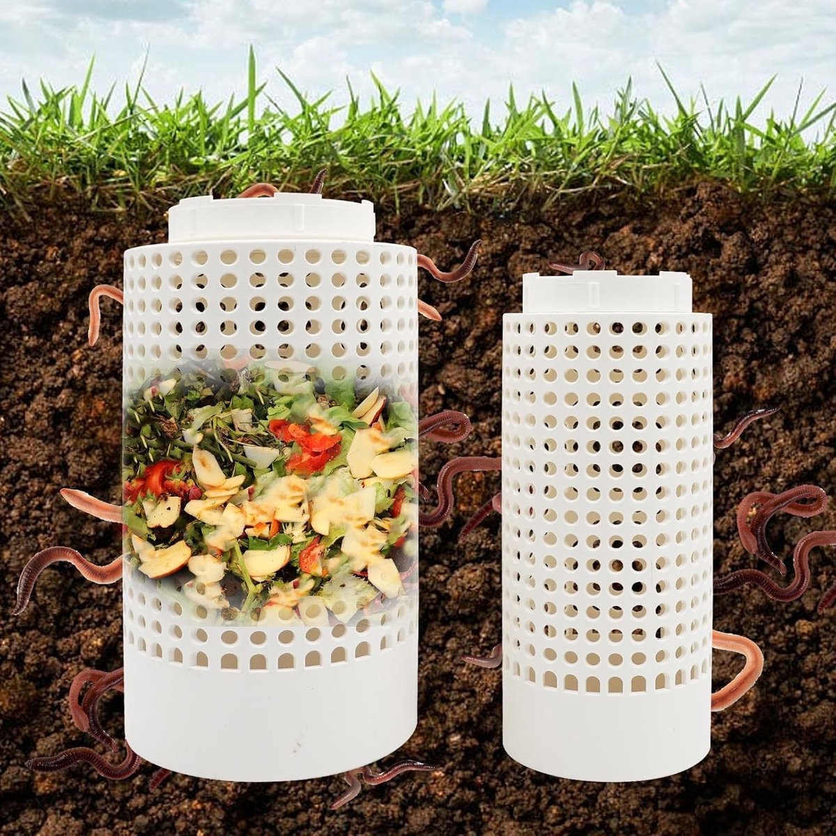 2-Delige Compostbak voor Buiten - Plastic Wormenboerderij voor Organisch Afval met Deksel en Ventilatieopeningen, Perfect voor Tuin, Moestuin en Groentekas