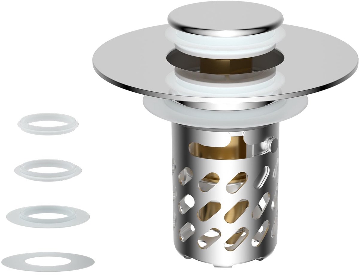 Afvoerstop voor wastafel - 3-in-1 Pop-up met uitneembare RVS filtermand haarvanger - Chroom - Voor afvoeren van 30-46 mm diameter, diepte > 50 mm