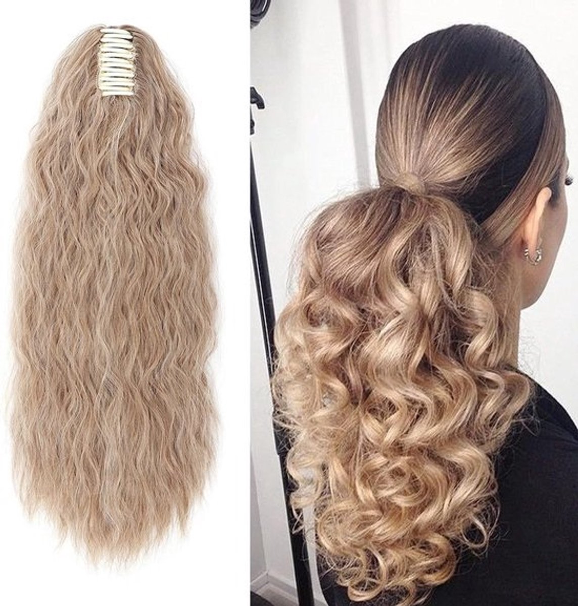 Ponytail Extension Krullend, Afro Corn Wave - Haarstuk Clip in 60 cm - Lichtbruin, Blond en Gebleekt voor een Volumineuze Look