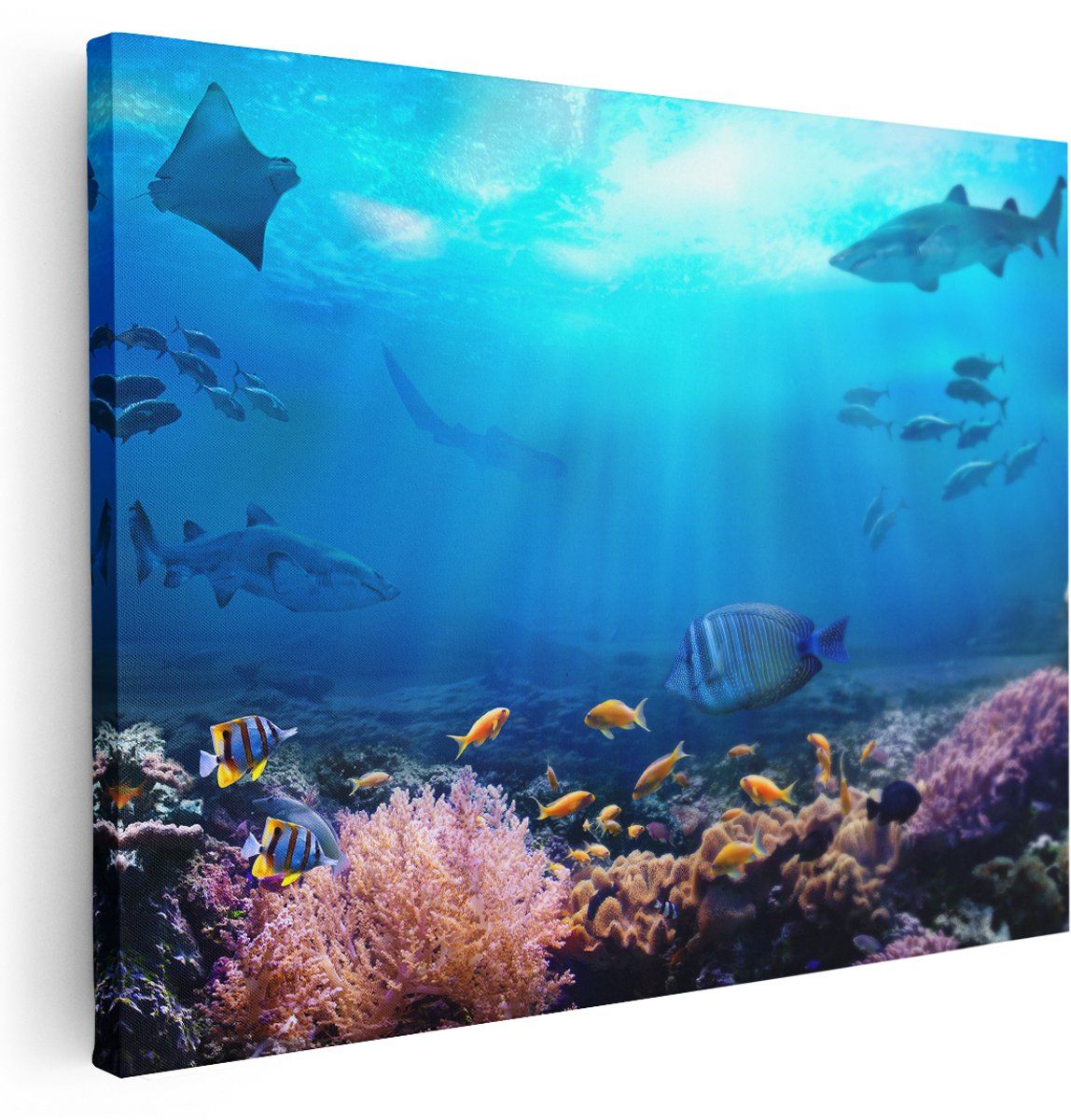 Artaza Canvas Schilderij Vissen met Haaien in de Oceaan met Koraalrif - 160x120 cm - Groot - Wanddecoratie Woonkamer - Schilderijen - Muurdecoratie