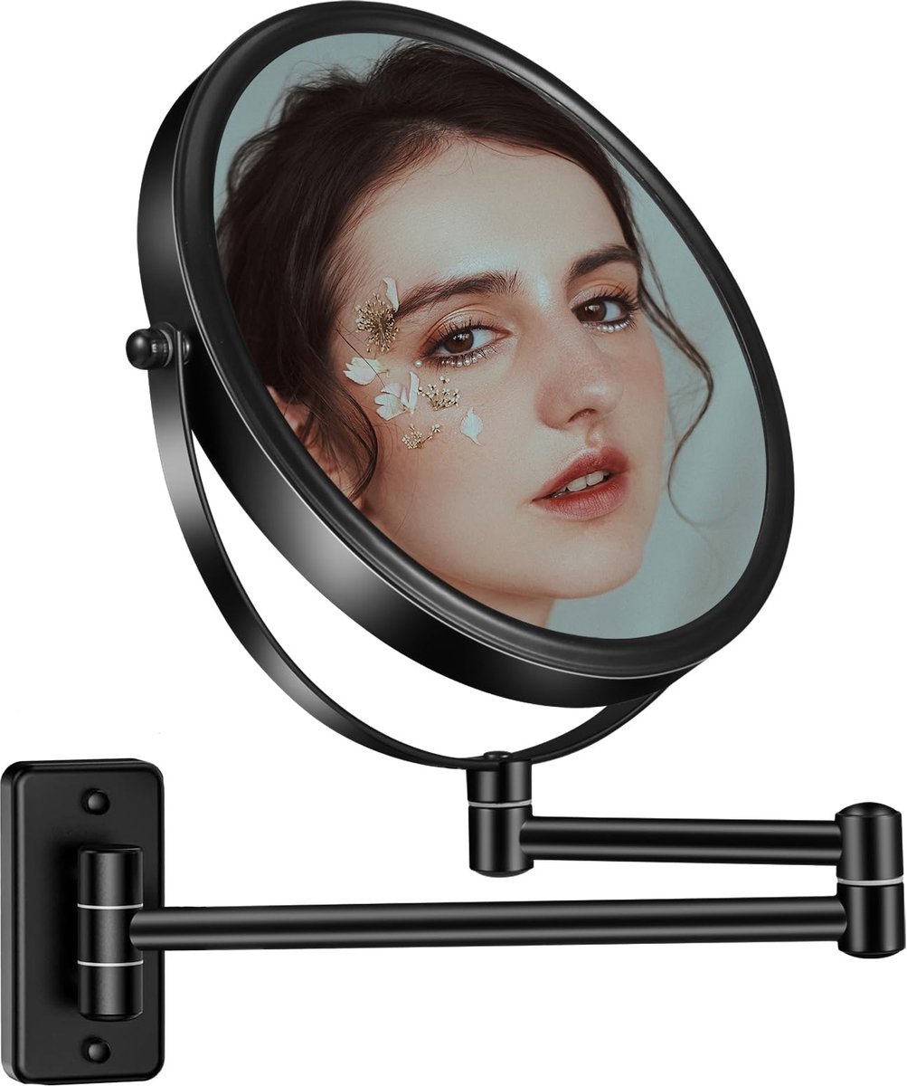 Make-upspiegel - Wandmontage met 1X/10X vergroting en 360 graden draaibaar - Voor badkamer, slaapkamer, hotelkamer en kleedkamer - Zwart - 8 inch