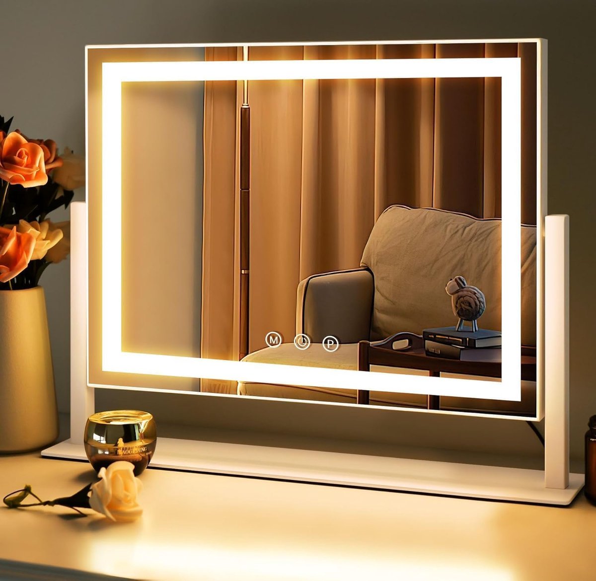 Hollywood Make-up Spiegel - Verlicht - 3 Lichtmodi - 15x Vergrotende Ronde Spiegel - 360° Draaibaar - Touch Bediening - Netvoeding - 46x36 cm