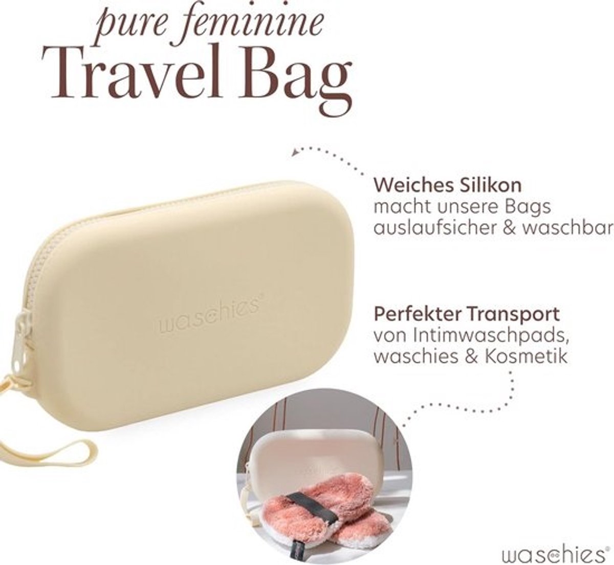 waschies pureFeminine Travel Bag Crème, elastische make-uptas met ritssluiting voor intieme was-, peeling- en make-uppads, perfecte opslag voor onderweg, van zachte siliconen, waterafstotend, beige,