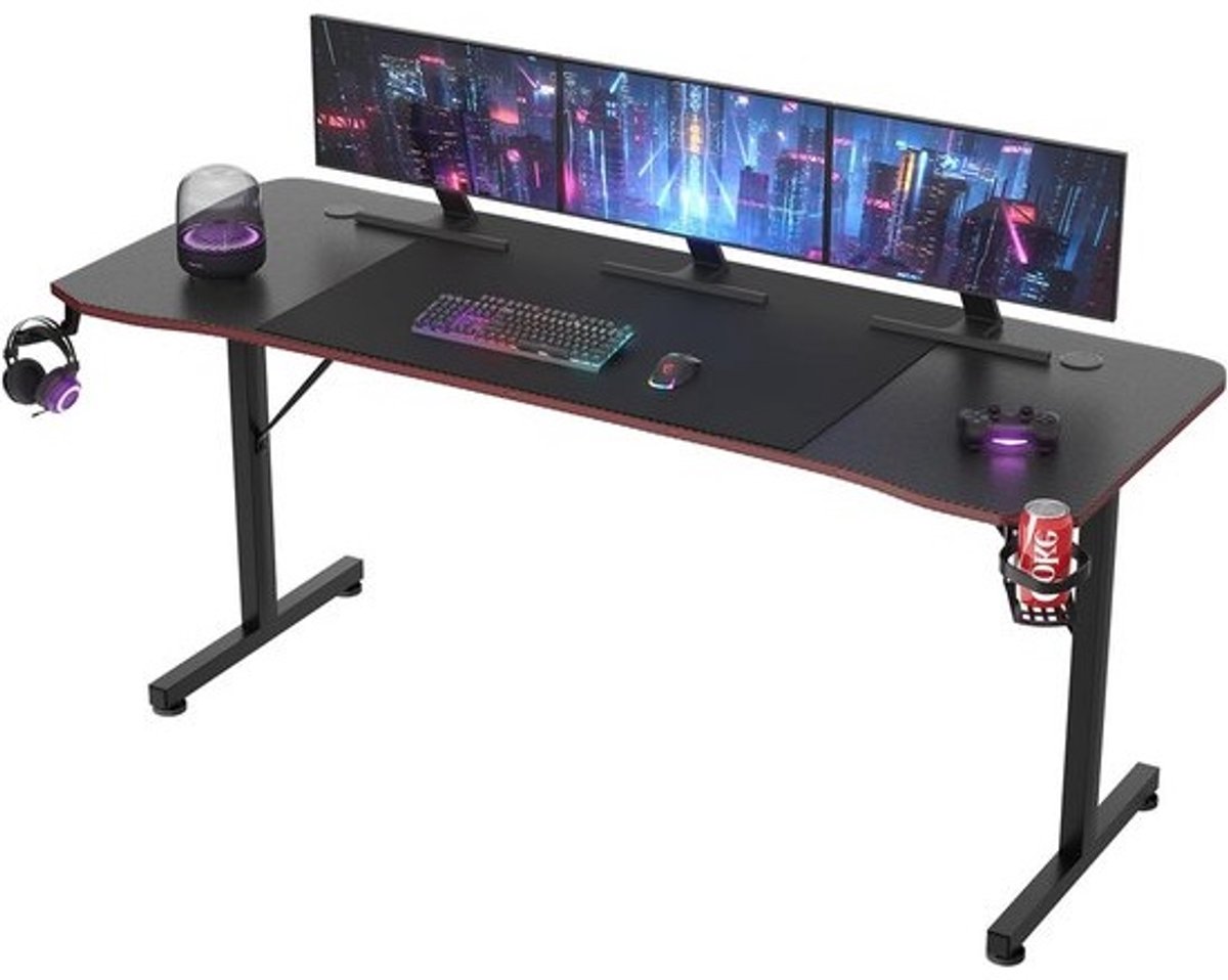 Gaming Tafel 180 x 60 cm - Zwart met Headsethouder en Beershouder