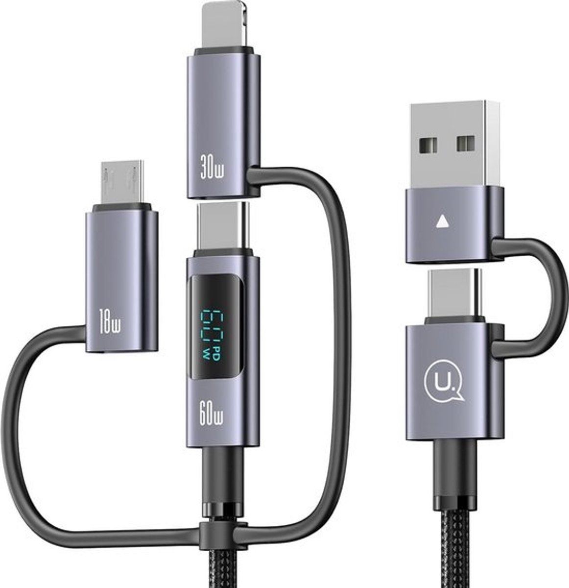 Universele 6-in-1 USB-C Oplaadkabel met LED Display en 60W Snellaadfunctie