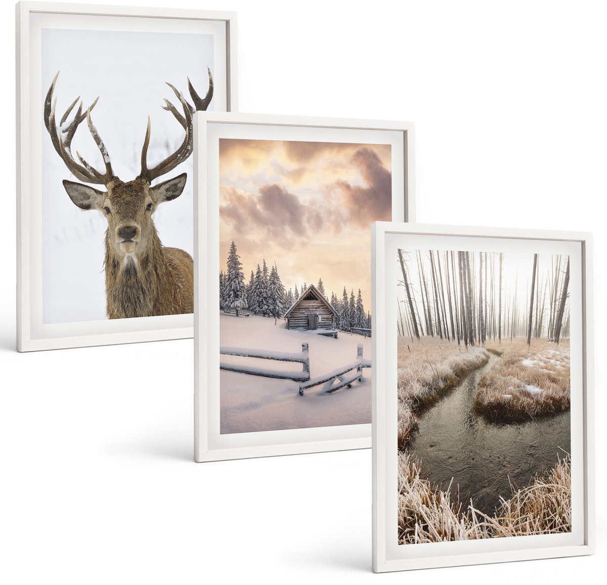 Wallfluent 3-Delige Schilderij Set - Winterlandschap Met Hertenhut En Beekje - 40 x 60 - Decoratieve Schilderijen - Woonkamer - Interieur - Muurdecoratie
