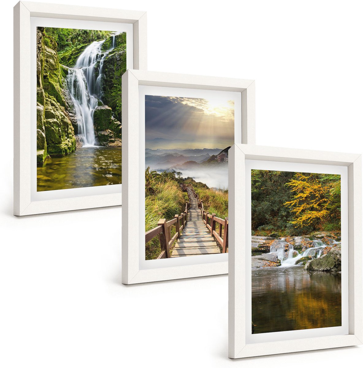 Wallfluent 3-Delige Schilderij Set - Watervallen, Bergen, Wolkenpaden En Herfstgezichten - 20 x 30 - Wanddecoratie - Moderne Interieurdecoratie - Decoratieve Schilderijen